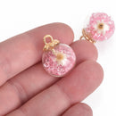 5 Glass Ball Charms, PINK Crystals and white dried flower, round globe glass vial, gold bail top, 22x16mm, chs3667