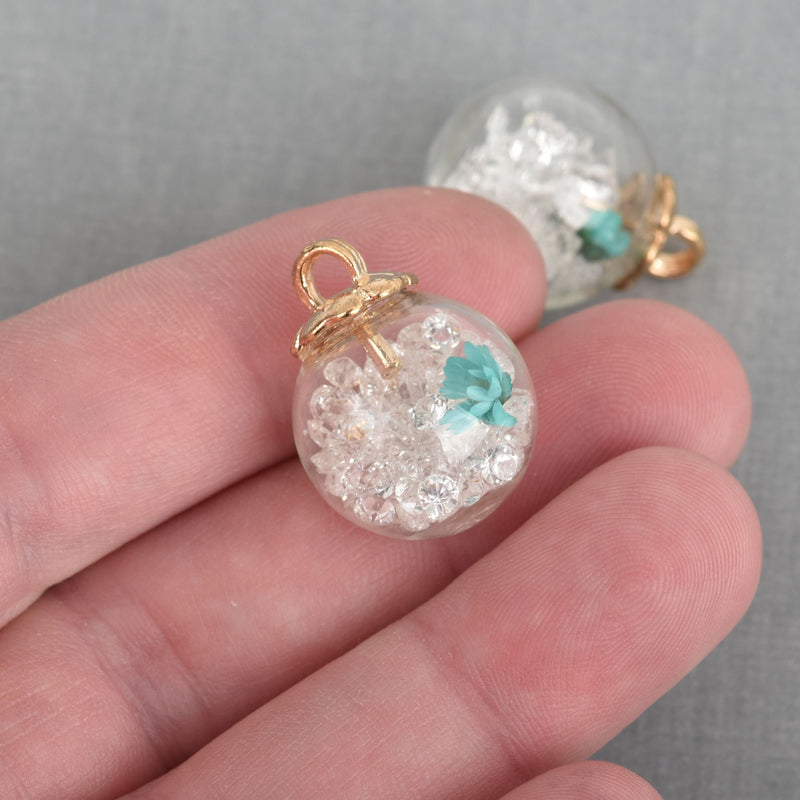 5 Glass Ball Charms, CLEAR Crystals and blue dried flower, round globe glass vial, gold bail top, 22x16mm, chs3669