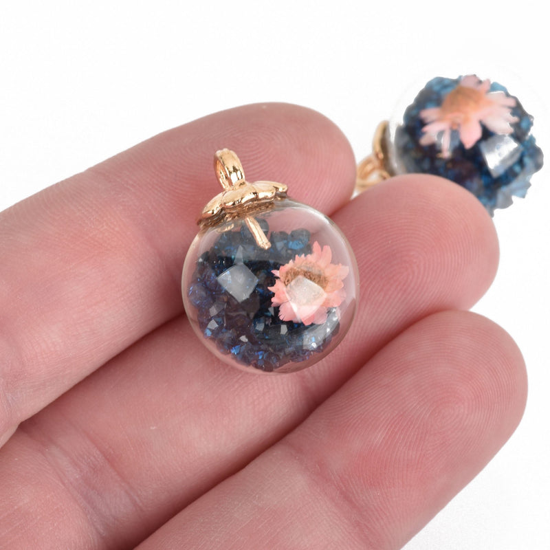 5 Glass Ball Charms, BLUE Crystals and pink dried flower, round globe glass vial, gold bail top, 22x16mm, chs3671