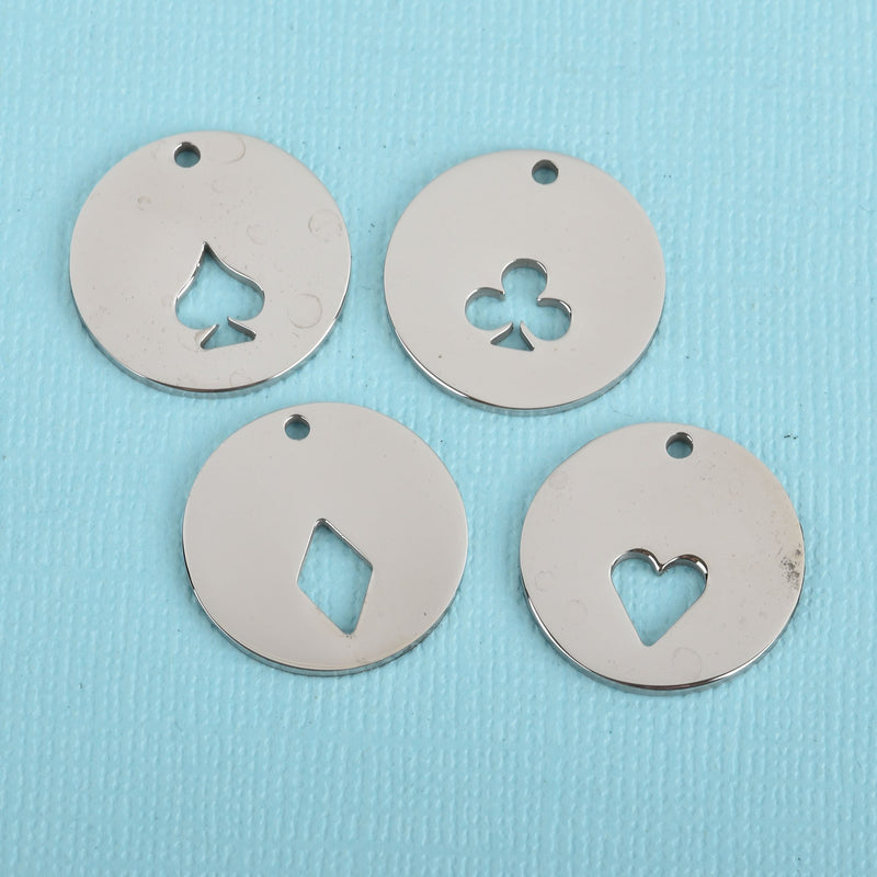 1 Set Stainless Steel POKER Charms, Cut Out Charms Round Silver Tone, Set of 4 Charms; 25mm (1") Diameter, chs3773