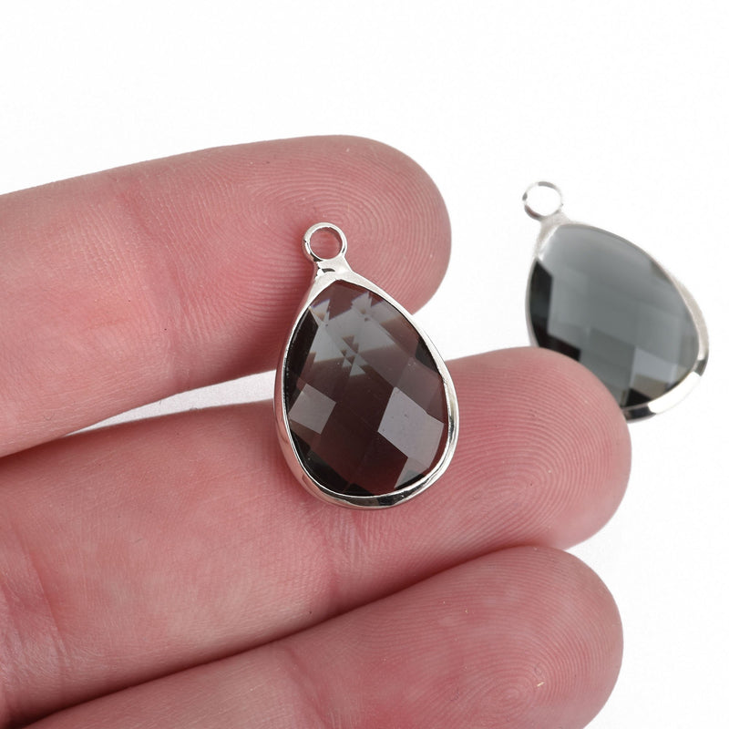 5 SMOKE GRAY Rhinestone Teardrop Drop Charms, Crystal Glass in Silver Bezel, 22x14mm, chs3815