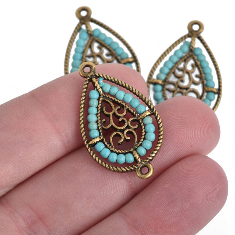 2 Bronze Teardrop Filigree Charms, TURQUOISE BLUE Crystal Beads, Connector Link, 1.25" long, chs3973