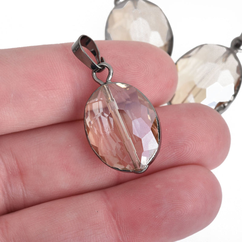 1 Crystal Oval Drop Pendant, CHAMPAGNE Glass CRYSTAL, Faceted, GUNMETAL Black Bail, 30x16mm, chs3980