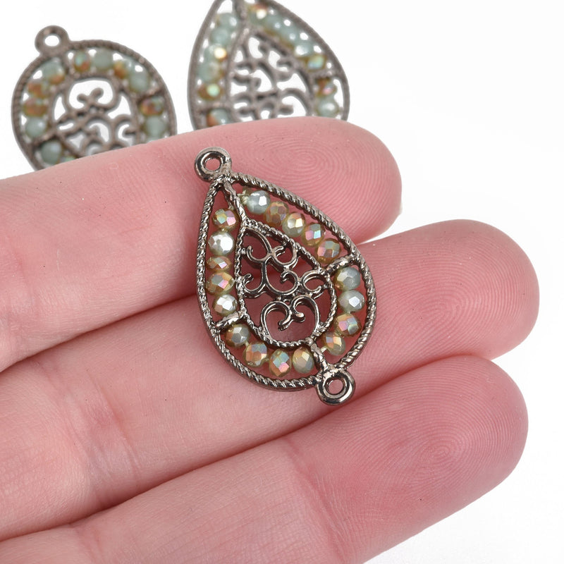 2 Gunmetal Teardrop Filigree Charms, MINT GREEN Crystal Beads, Connector Link, 1.25" long, chs3984