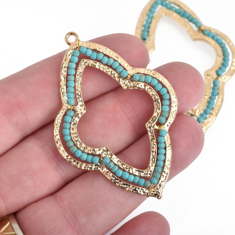 2 Gold QUATREFOIL Beaded Charms, TURQUOISE BLUE Crystal Beads, Connector Link, 2-1/4" long, chs3986