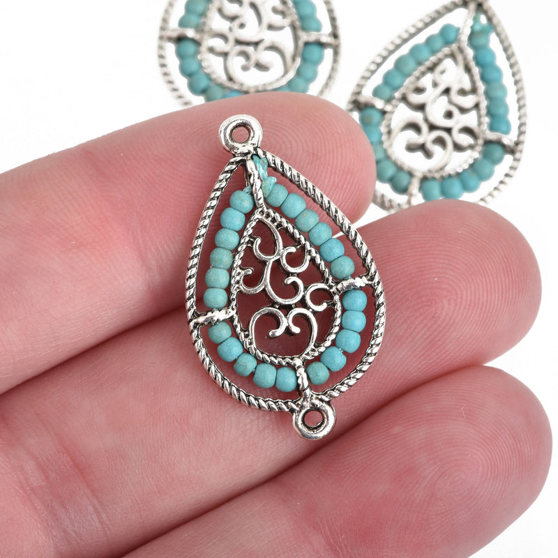 2 Silver Teardrop Filigree Charms, TURQUOISE BLUE Crystal Beads, Connector Link, 1.25" long, chs4016