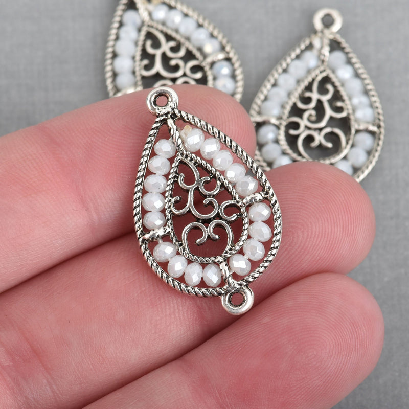2 Silver Teardrop Filigree Charms, WHITE Crystal Beads, Connector Link, 1.25" long, chs4019