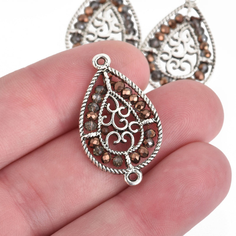 2 Silver Teardrop Filigree Charms, BRONZE Crystal Beads, Connector Link, 1.25" long, chs4020