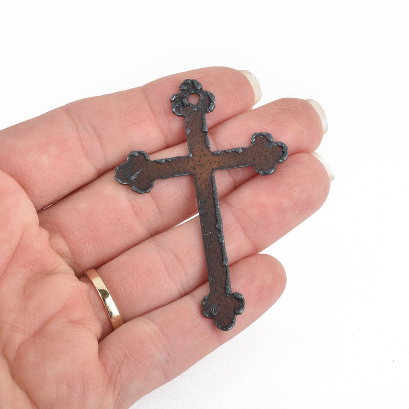 1 LARGE Rustic Metal ROUNDED CROSS Charm Pendant 2.5" chs4072