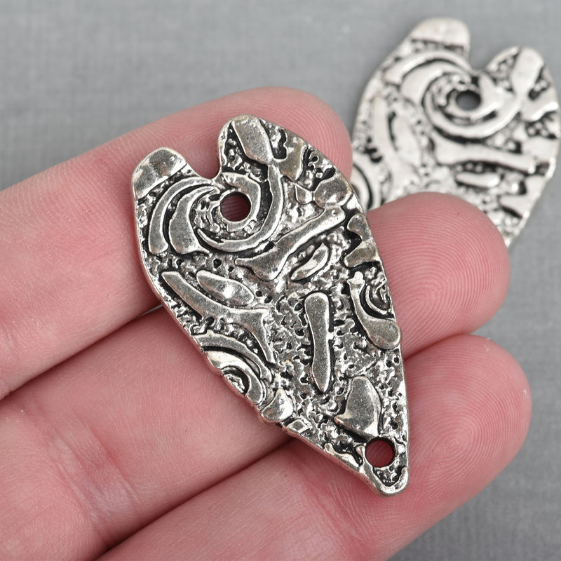 5 HEART Charm Pendants stamped SILVER metal stylized elongated heart 44x22mm chs4074