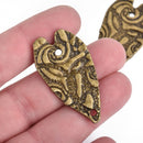 5 HEART Charm Pendants stamped BRONZE metal stylized elongated heart 44x22mm chs4075