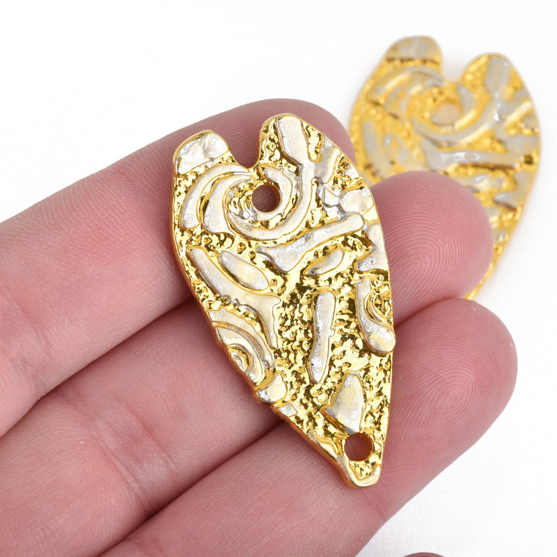 5 HEART Charms stamped GOLD and SILVER metal stylized elongated heart chs4076
