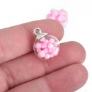 5 Glass Ball Charms round globe glass vial with LIGHT PINK foam balls 21x16mm chs4095