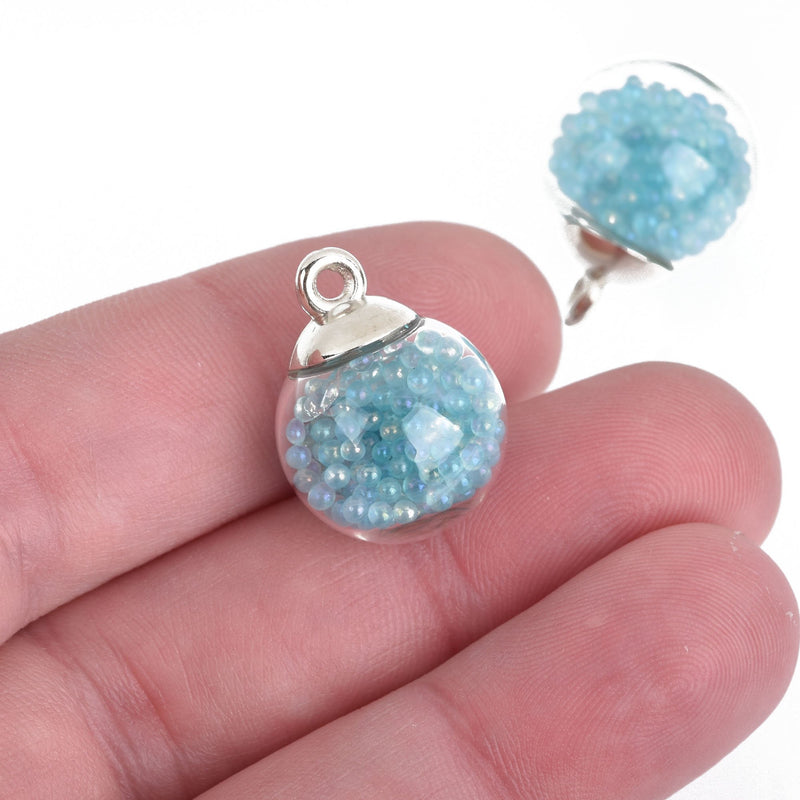 5 Glass Ball Charms round globe glass vial with LIGHT BLUE micro beads 21x16mm chs4098