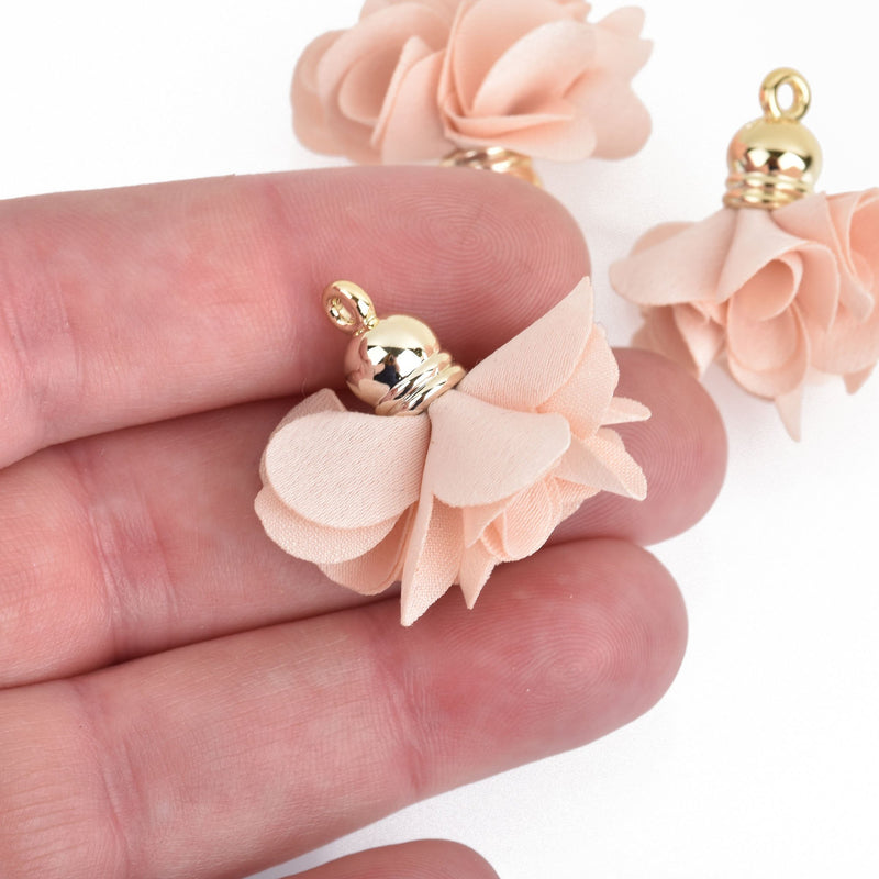 5 pcs PINK BLUSH Flower Rose Opaque Polyester Fabric Tassel Charm Pendants, gold plated base 27mm long (about 1-1/8") chs4111