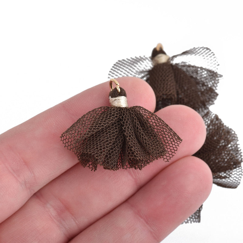 10 CHOCOLATE BROWN Tulle TASSEL Charms 28mm long (about 1-1/8"), chs4150