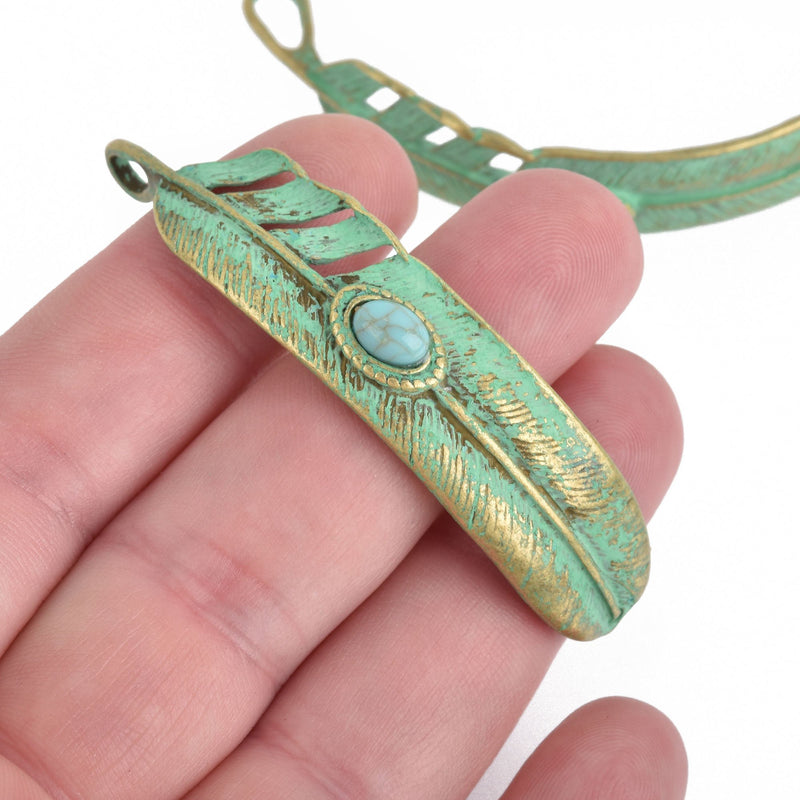 5 FEATHER Bracelet Connector Charms BRONZE GREEN Patina turquoise blue accent 2.5" chs4235