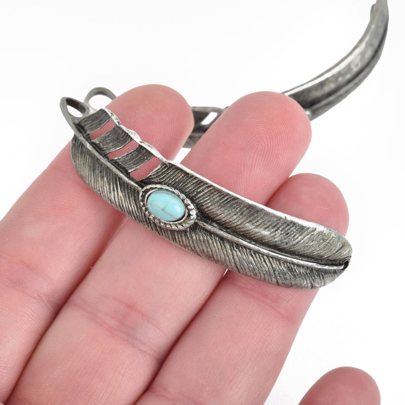 5 FEATHER Bracelet Connector Charms GUNMETAL turquoise blue accent 2.5" chs4236