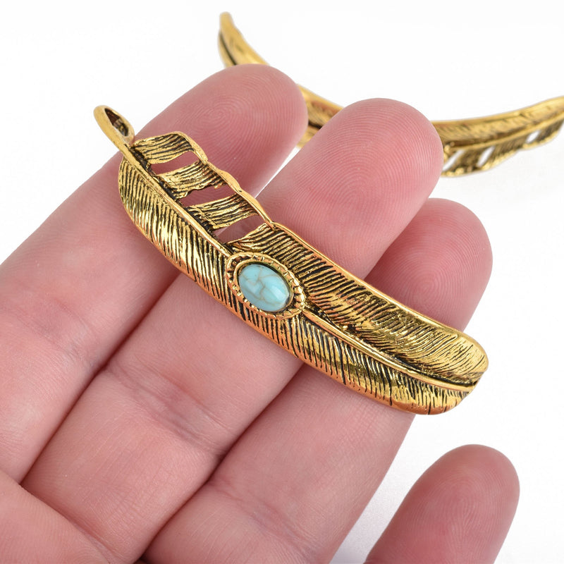 5 FEATHER Bracelet Connector Charms GOLD turquoise blue accent 2.5" chs4239