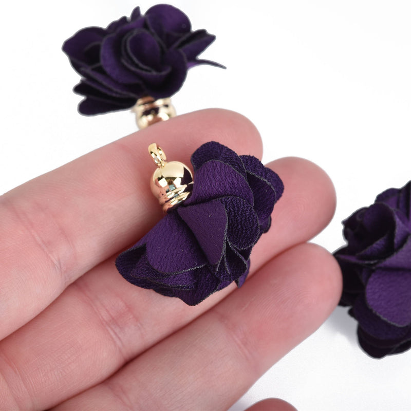 5 PURPLE Flower Rose Tassel Charm Pendants, gold cap 27mm long (about 1-1/8") chs4299