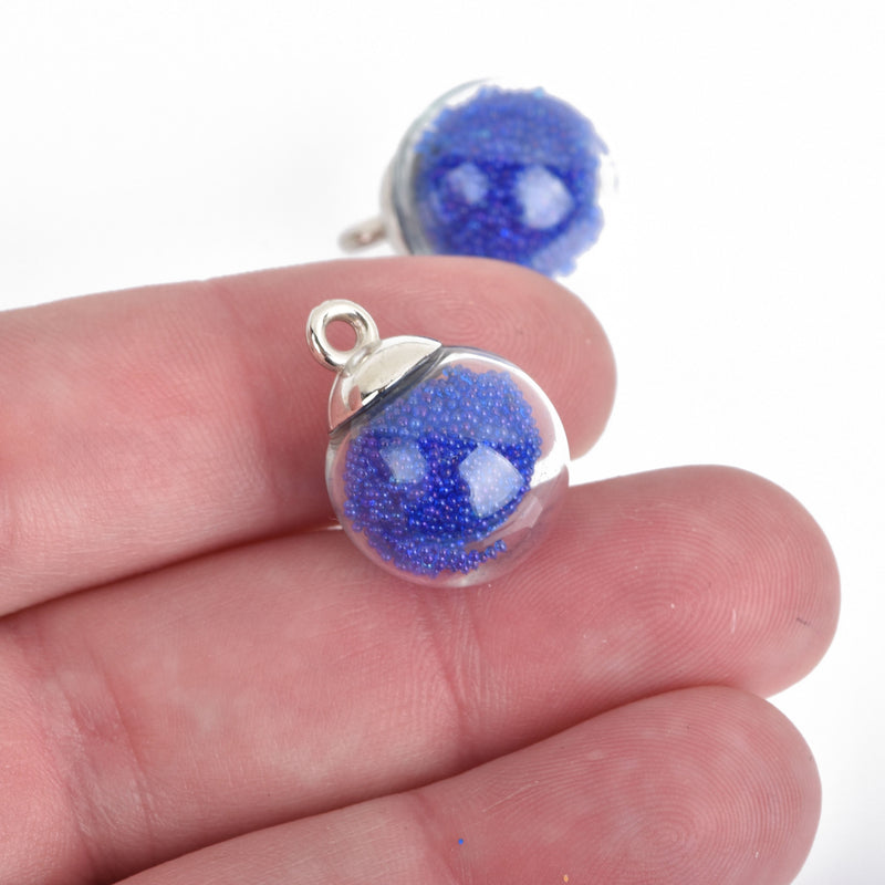 5 Glass Ball Charms round globe glass vial with DARK BLUE micro beads 21x16mm chs4323