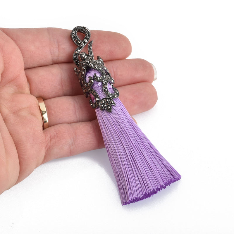 LAVENDER PURPLE Tassel Pendant with GunMetal Filigree Jeweled Topper 4" long chs4345