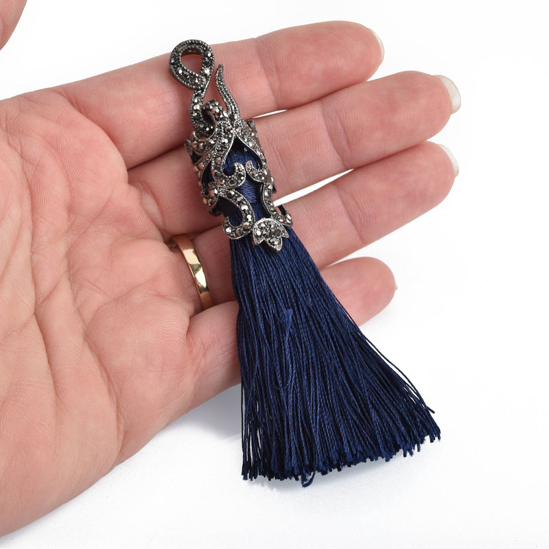 NAVY BLUE Tassel Pendant with GunMetal Filigree Jeweled Topper 4" long chs4346