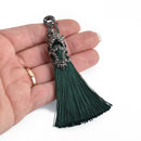 EMERALD GREEN Tassel Pendant with GunMetal Filigree Jeweled Topper 4" long chs4347
