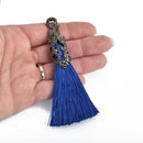 ROYAL BLUE Tassel Pendant with GunMetal Filigree Jeweled Topper 4" long chs4348