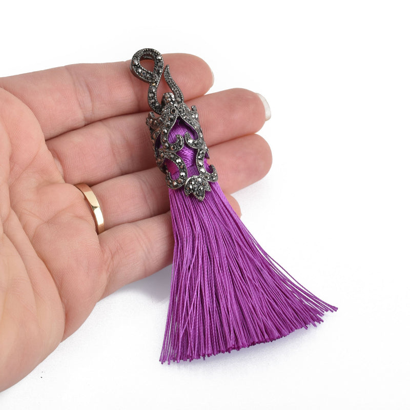 ORCHID PURPLE Tassel Pendant with GunMetal Filigree Jeweled Topper 4" long chs4349