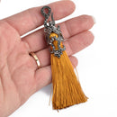 MUSTARD YELLOW Tassel Pendant with GunMetal Filigree Jeweled Topper 4" long chs4350