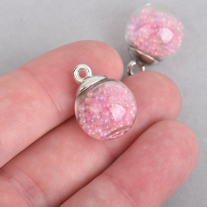5 Glass Ball Charms round globe glass vial with PINK AB micro beads 21x16mm chs4445