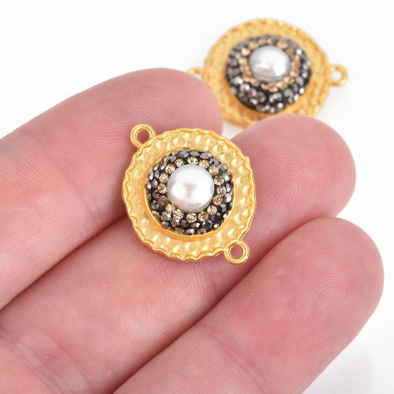 Round Matte Gold Pearl Charm Connector Link, pave crystals on hammered metal base, 23mm, chs4450
