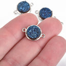 2 BLUE IRIS Druzy Quartz Gemstone Charms SILVER round connector link 18x12mm chs4493