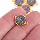 2 RAINBOW Druzy Quartz Gemstone Charms GOLD round connector link 18x12mm chs4494