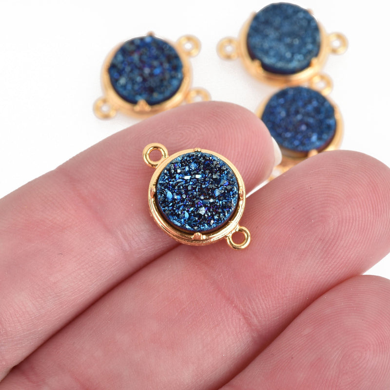 2 BLUE IRIS Druzy Quartz Gemstone Charms GOLD round connector link 18x12mm chs4496