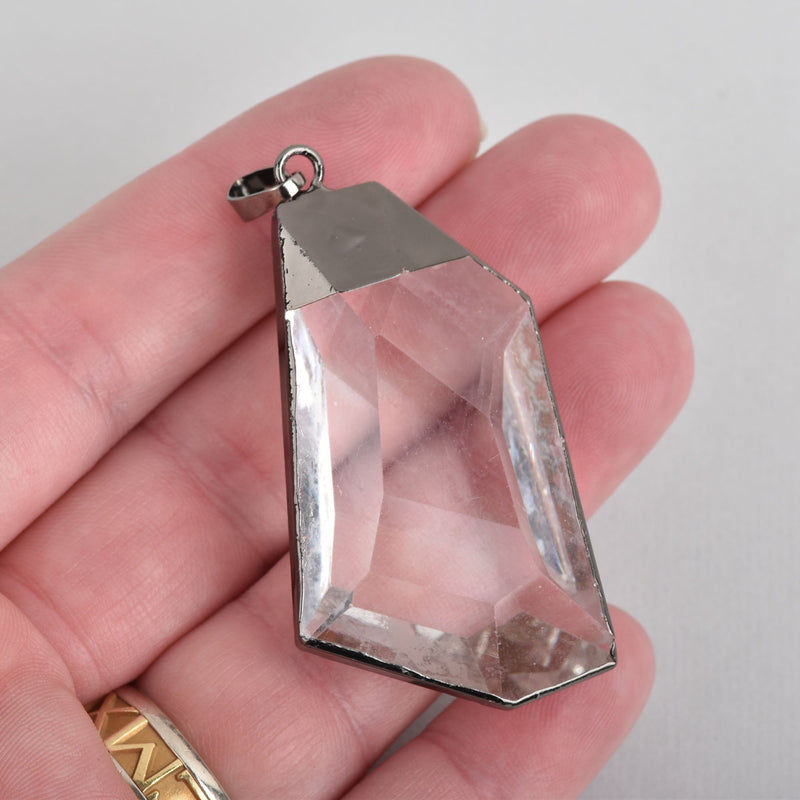 1 Crystal Drop Pendant, Clear Glass, Faceted, Gunmetal Black Bail, 2.25" long, chs4513