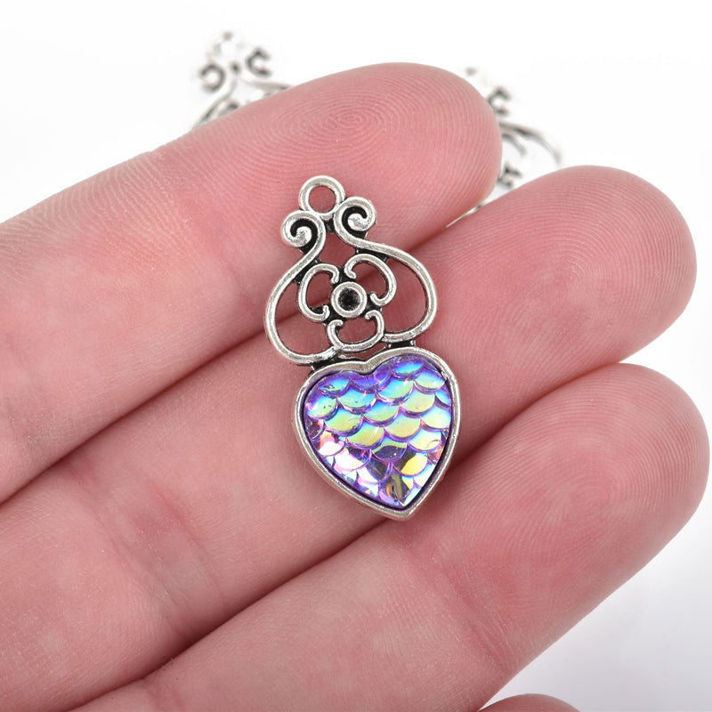 5 MERMAID Charms Purple AB Heart Mermaid Scale with Silver Bezel, 29mm, chs4554