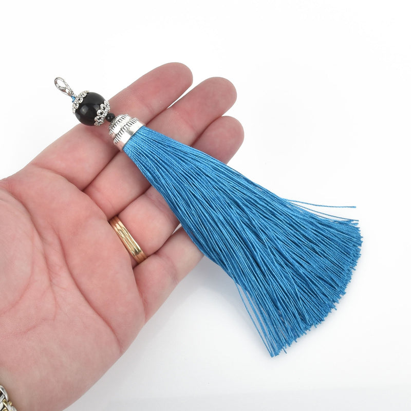 BLUE Tassel Pendant with Silver Topper and Clasp 6" long chs4561