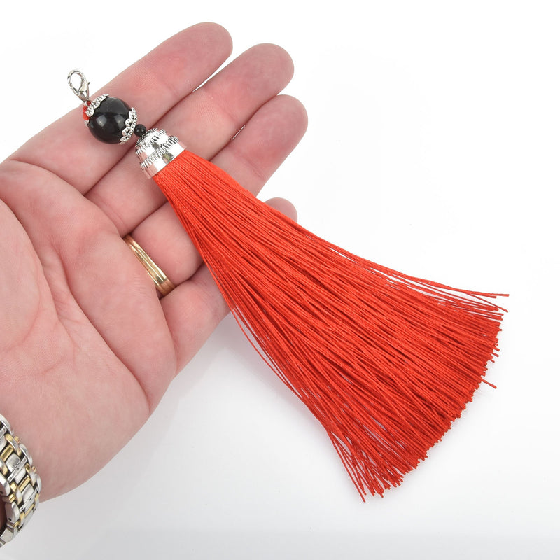 RED Tassel Pendant with Silver Topper and Clasp 6" long chs4562