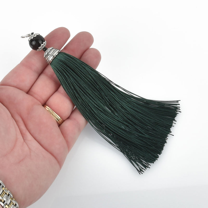 DARK GREEN Tassel Pendant with Silver Topper and Clasp 6" long chs4563