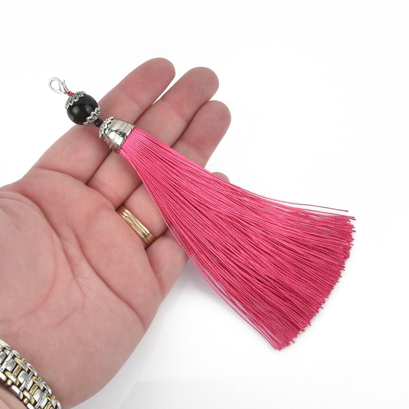 HOT PINK Tassel Pendant with Silver Topper and Clasp 6" long chs4564