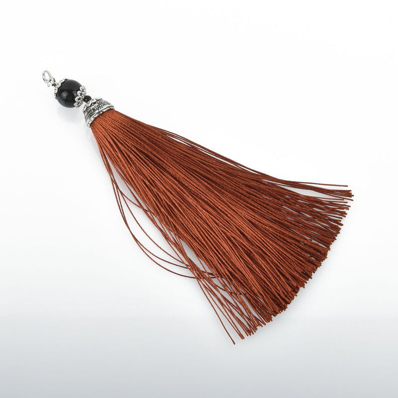 BROWN Tassel Pendant with Silver Topper and Clasp 6" long chs4565