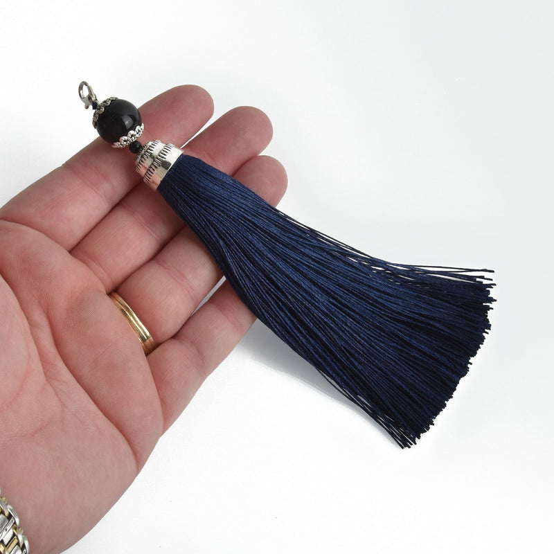 NAVY BLUE Tassel Pendant with Silver Topper and Clasp 6" long chs4566