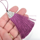 2 GRAPE PURPLE Tassel Pendant with Silver Bead Cone Topper 3.25" long chs4568