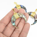 ABALONE Shell Double Horn Charm Pendant, Crescent Horn, GOLD Wire Wrap, Upside Down Moon 35mm (1-3/8"), chs4648