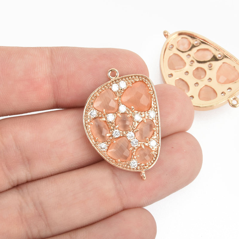 PEACH Cats Eye and Crystal ROSE Gold Charm Connector Link, Drop Charm, 30mm chs4671