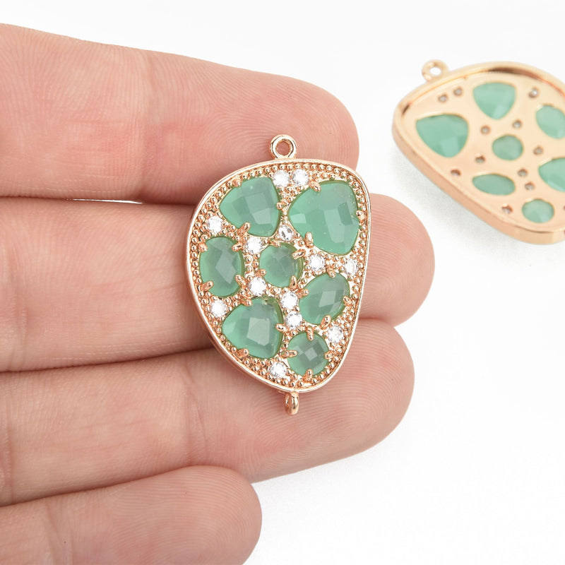 MINT GREEN Cats Eye and Crystal ROSE GOLD Charm Connector Link, Drop Charm, 30mm chs4677