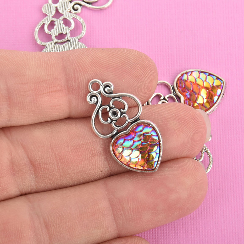 5 MERMAID Charms ORANGE Red AB Heart Mermaid Scale with Silver Bezel, 29mm, chs4794