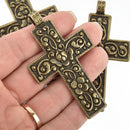 1 Large CROSS Charm Pendant BRONZE floral design, 3" long, chs4959